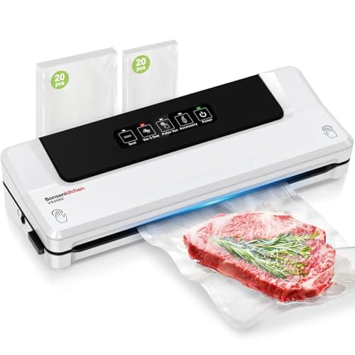 Image of Bonsenkitchen Vacuum Sealer, Multi-Functional Vacuum Sealer Machine, Globefish Technology for High-Speed Continuous Working, Fast-Compact food Sealer for Sous Vide, Includes 40 Vacuum Bags (White)