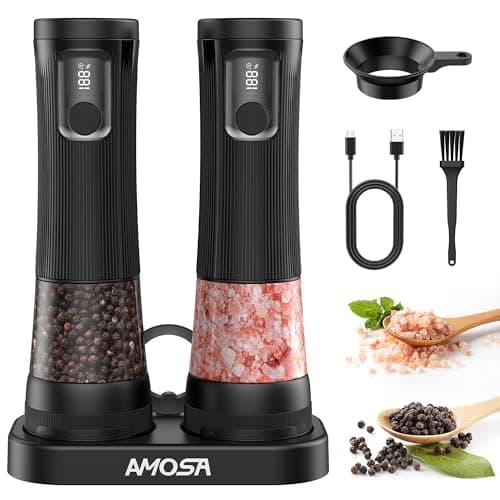 Image of Electric Salt and Pepper Grinder Set, Upgrade 2-Speed Setting, External 5 Adjustable Coarseness, Rechargeable Automatic Salt & Pepper Shakers Mill with Battery Display, Storage Base & Led Light, Black