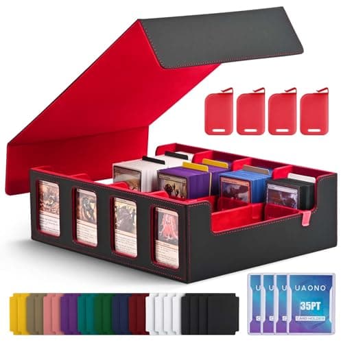Image of UAONO Trading Card Storage Box for Commander Display, 2400+ MTG Deck Box with 4 Top Loader, TCG Card Case fits Magic PTCG Sports Cards(Black&Red)