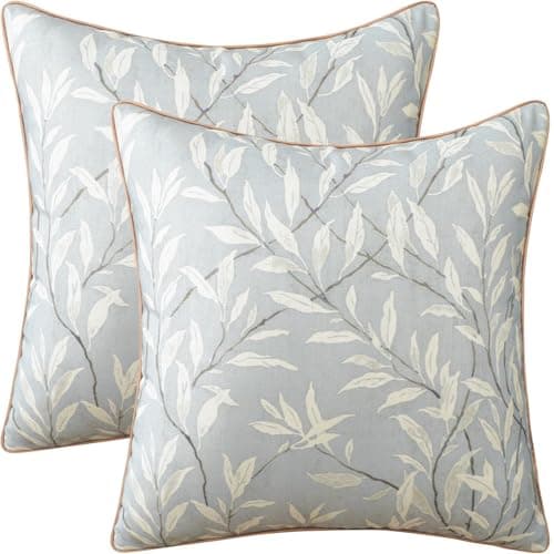 Image of VOGOL Set of 2 Grey Leaves Cushion Covers, 45 x 45 cm Linen Textured Throw Pillowcases for Sofa Couch Bed Car, Square Country Style Pillow Covers with Invisible Zipper