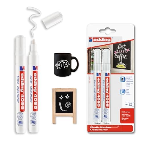 Image of edding 4095 chalk marker - white - 2 chalk pens - round nib 2-3 mm - medium-nib wet wipe pen for chalkboards, windows, glass, mirrors - liquid chalk marker pens for opaque coverage