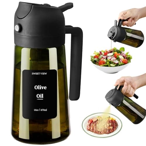 Image of SWEET VIEW Olive Oil Dispenser and Sprayer, 16oz/470ml Glass Light-Proof Pour Bottle, Kitchen Gadgets Accessories for Air Fryer, Cooking, Salad, and BBQ, with Stickers, Black