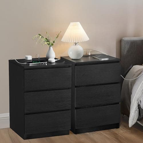 Image of VASAGLE KAILYN Collection - Bedside Tables with Power Strip, Set of 2 Side End Tables with Drawers, 2 AC Outlets, 2 USB Ports, for Living Room, Bedroom, Study, Ebony Black LET831B57