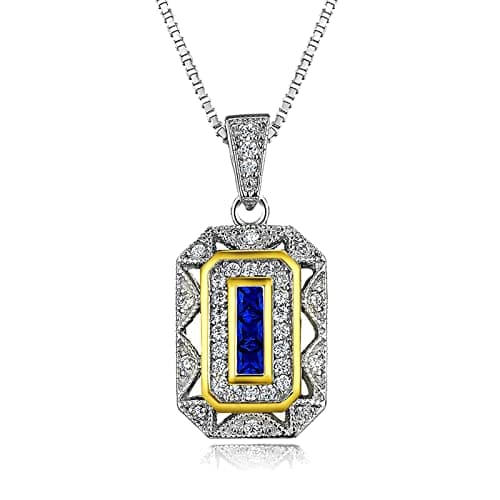 Image of SHELOVES Vintage Pendant Necklace for Women Blue Sapphire Gemstone CZ 925 Sterling Silver Art Deco Chain 18" Gift For Her