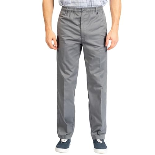 Image of Mens Rugby Trousers Elasticated & Adjustable Waist Pant – Smart Workwear Bottom with Drawstring, Button and Zip Fly- Relaxed Fit, Straight Leg Casual & Formal Trouser – (Grey 36W/27L)