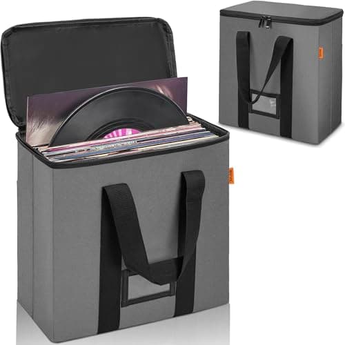 Image of OUUTMEE 12-inch Vinyl Record Carrying Bag with Lids & Handles,Waterproof Vinyl Storage Case for Hold up to 50 Singles,Collapsible Portable Record Organizer for Albums, CDs, Passports, Files(Grey)
