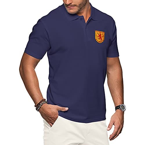 Image of Purple Print House Scotland Polo Shirts for Men Football Shirt 2021 Retro Supporters Rugby Cotton Embroidered Crest Badge Royal Lion Rampant Flag, M, Navy