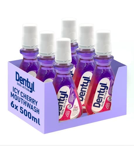 Image of Dentyl Dual Action CPC Mouthwash, 12hrs Fresh Breath, Alcohol Free, ICY Cherry, Plaque-Reducing 6x500ml