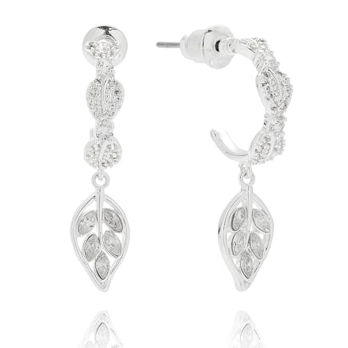 Image of Equilibrium Back to Nature Collection Elegant Leaves Silver Plated Hoop Earrings with Pavé Cubic Zirconia Detail