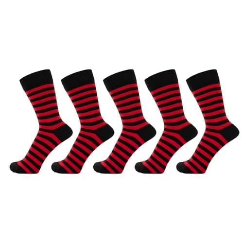 Image of ZAKIRA Combed Cotton Dress Socks - Striped Business Crew Socks for Men & Women, Soft Breathable Cotton - 5 Pack, 6-10 (UK), Red/Black