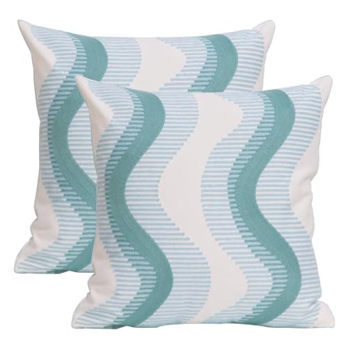 Image of UnionKK 1 PCS Embroidered Throw Pillow Cover Cotton Decorative Square Cushion Cases for Home Sofa Bed and Chair 18 x 18 Inch (Blue Wave-2)