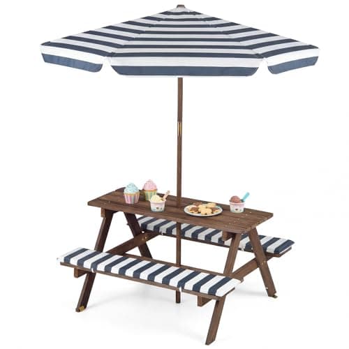 Image of COSTWAY Kids Picnic Table, Garden Wooden Bench with Removable Umbrella, Outdoor Children Furniture Parasol Set (Navy + White + Brown, 91 x 80 x 50cm)