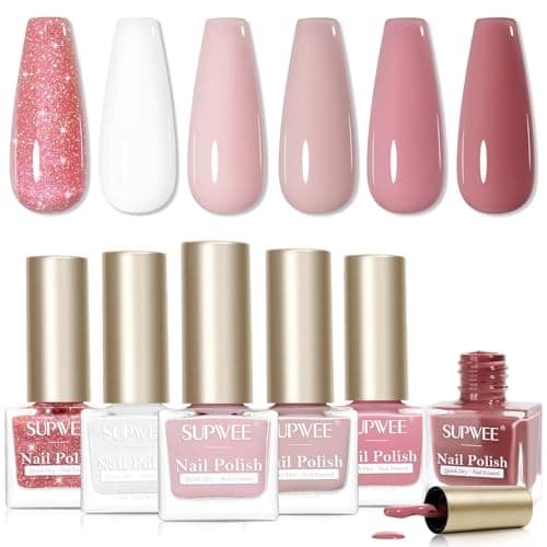 Image of SUPWEE Nude Pink Nail Polish Set, Quick Dry Sheer Regular Nail Polish Clitter Natural Nail Varnish High Glossy Nail Lacquer DIY Home Salon Manicure for Women Girl