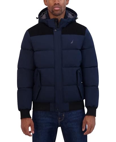 Image of Nautica Men's Regular Lightweight Mix Media Bomber Jacket – Mechanical Stretch Water-Resistant Coat, Navy, Medium