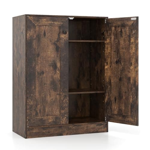 Image of COSTWAY Wooden Storage Cabinet, Freestanding Buffet Sideboard with Doors & Shelves, Display Cupboard Floor Cabinet for Kitchen Dining Room (2 Doors, 60 x 30 x 80cm, Adjustable Shelves, Rustic Brown)