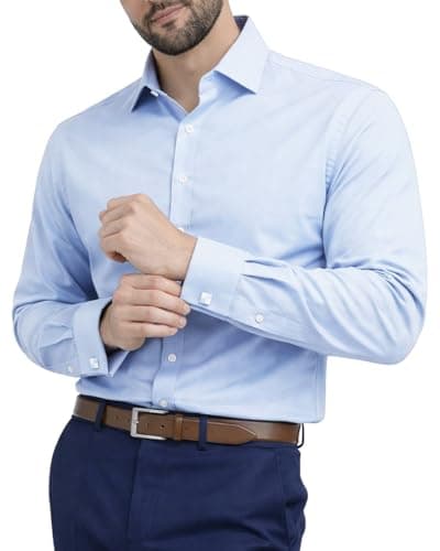 Image of Men's Plain Dress Shirts,Long Sleeve,Double French Cuff with Cufflinks Included,Regular Fit, 14 Colours, Business Wedding Work Shirt by Janeo British Apparel. Sky Blue, 18 inches