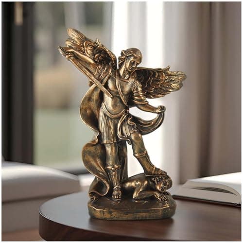 Image of PlentifulHome 19 cm Bronze St Michael the Archangel Statue – Antique-Effect Resin San Miguel Figurine, Archangel Michael Defeating Satan, Collectable Religious Ornament for Home Decor
