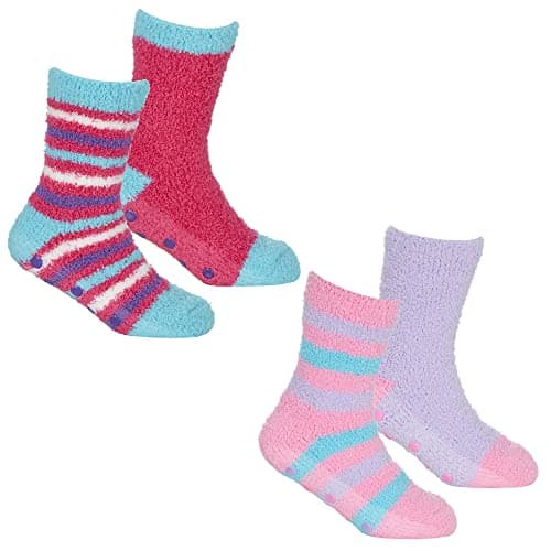 Image of Sock Stack 4 Pairs Of Boys Girls Fluffy Slipper Socks Super Soft Cosy Thermal Non-Skid Gripper Sock (Girls Assorted, 11 + years)