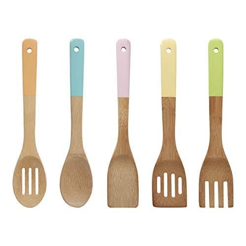 Image of Kitchen Utensil Set, Pastel Handles, Bamboo, 5 Piece
