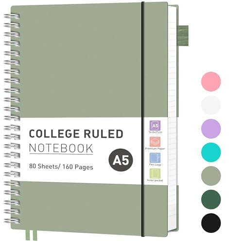 Image of RETTACY A5 Notebook, Journals for Women Lined,Wirebound Spiral Notebook 160 Pages for Writing,100gsm College-Ruled Paper, PVC Pocket,Pen Loop, Ruler, Bookmark,14.5 x 20.7cm- Light green
