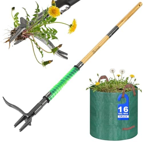 Image of Bamda Weed Remover Tool, Heavy Duty Weed Puller Root Remover with 4-Claw Steel Head & Dual-Eject Mechanism, 110.5cm Bamboo Long Handle Stand Up Weeding Tools for Garden & Lawn, Includes 60L Leaf Bag