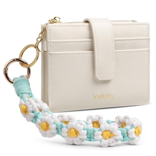 Image of Vulkitty Small Women Wallet Keychain Wristlet Card Purse Wallet Bifold RFID Blocking Ladies Card Holder Case with Detachable Handmade Woven Wristlet Keychain Bracelet (white)