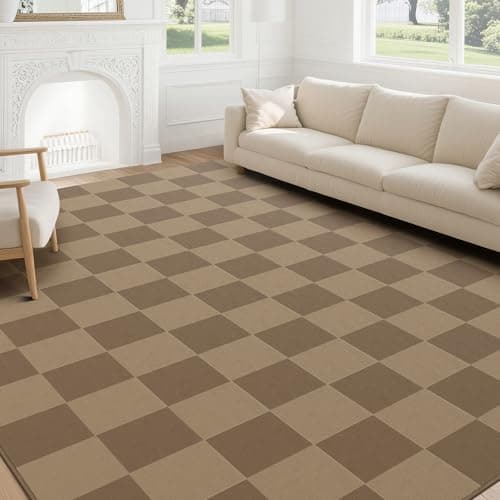 Image of SOANNY Living Room Rug, Soft Low Pile Checkered Carpet, Non-Slip, Washable, Modern Geometric Area Mat for Bedroom Kitchen Nursery Dorm Kids Room Teen Room Bedside, Brown & Camel, 120x170cm