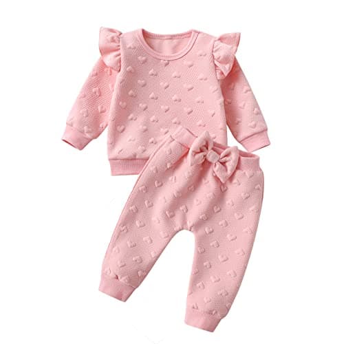 Image of Tearfuty Baby Girls Clothes Solid Long Sleeve Ruffle Top Pants 2pcs Outfits Set 6-9 Months