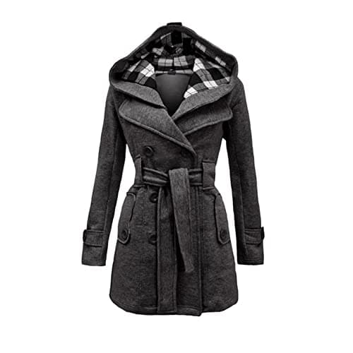 Image of Womens Hooded Trench Coat Ladies Winter Cosy Long Sleeve Comfy Elegant Belted Jackets Casual Plus Size Fleece Thick Classic Solid Color Trendy Daily Outdoor Wear Wool Coats