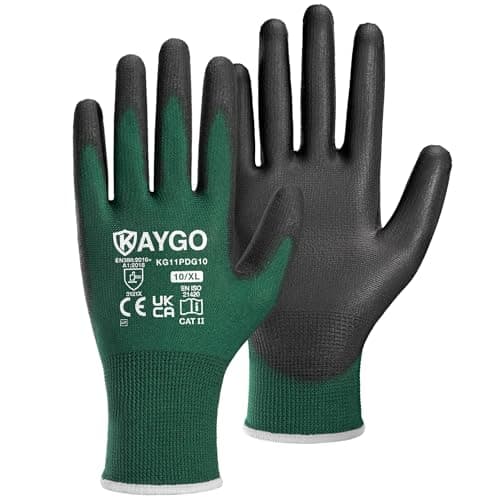 Image of KAYGO Work Gloves PU Coated, Seamless Knitted Gloves with Polyurethane Coated Good Grip, KG11P, Safety Work Gloves for Men and Women, for General Purpose Light Duty Work, DIY (X-Large, Dark Green)