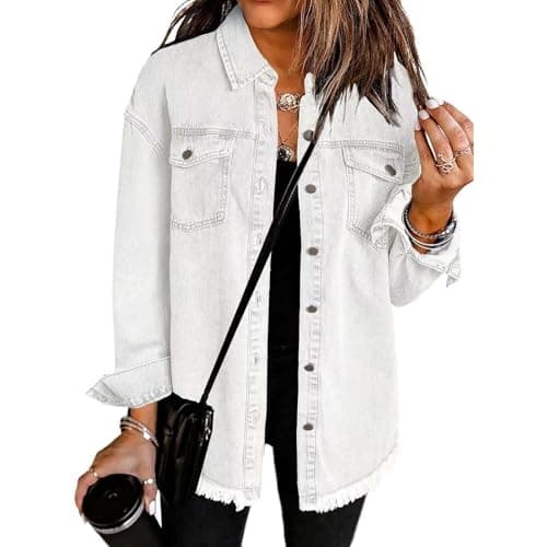 Image of YGERGWE Denim Jackets for Women UK, Oversized Lightweight Jean Jacket Casual Button-Down Shacket, Ladies Long Sleeve Jean Shirt Top for Spring Autumn