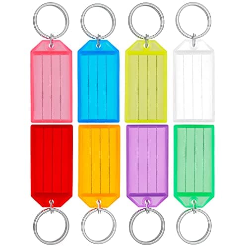 Image of Uniclife 10 Pieces Key Tags 5 cm Plastic Key Chain Tags with Ruled Blank Paper Labels Transparent Covers and Split Rings Sturdy Item Identifiers, 8 Colors
