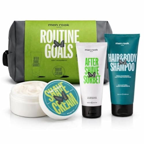 Image of Men Rock Wash Bag Gift Set – Shaving Cream, Aftershave Balm, Body Wash & Men’s Shampoo in Travel Bag – Premium Men’s Toiletry Gift Set & Men’s Grooming Kit – Ideal Men’s Gift Sets Toiletries Set