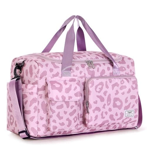 Image of FIORETTO Womens Mens Sports Gym Bag Duffle Bag with Shoes Compartment, Weekend Travel Bag Overnight Bag for Women, Water Resistant Holdall Hospital Bag for Swimming Leopard Print