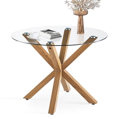 Image of TUKAILAi Round Dining Table,100 cm Tempered Glass 4 Seater Kitchen Table with Wooden Style Metal Legs for Home Dining Room, Restaurant and Small Dinner Space