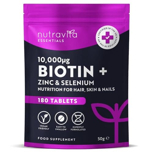 Image of Nutravita Biotin Hair Growth Supplement 10,000mcg - Scientifically Proven to Maintain Normal Hair Skin & Nails - 180 High Strength Vegan Tablets with Zinc & Selenium - Biotin Vitamins for Women & Men