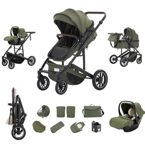 Image of Zkiprm 3-in-1 Pushchair, Baby Prams with Seat, Pushchair with Height Adjustable Handle | Frost and Sun-Proof Gloves Stroller Set | Complete Accessories for 0-4 Newborn Green