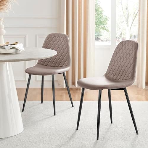 Image of Furniturebox UK Corona Dining Chairs Set of 2 Contemporary & Luxurious Diamond Stitched Dining Seats - Soft & Comfortable - Cappuccino Grey Faux Leather & Powder Coated Black Metal Legs (Set of 2)