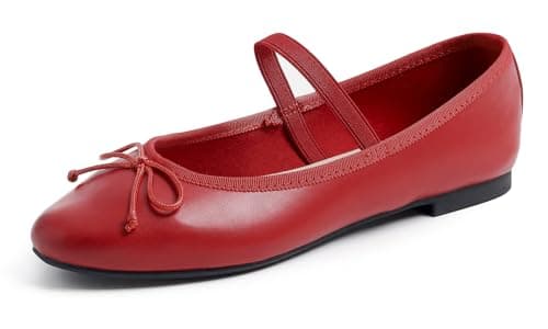Image of Feversole Women's Soft Cushion Padded Comfort Round Toe Mary Jane Elastic Fashion Ballet Flats Walking Shoes Red Vegan Leather with Canvas Lining 6 UK