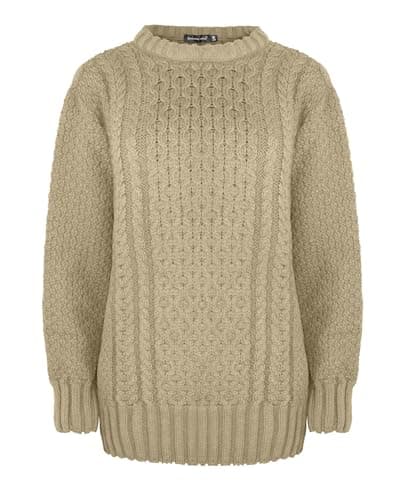 Image of Generation Fashion New Ladies Women Aran Knit Long Sleeve Crew Neck Knitted Cable Jumper Sweater Pullover Top 8-30 (Stone,16-18)