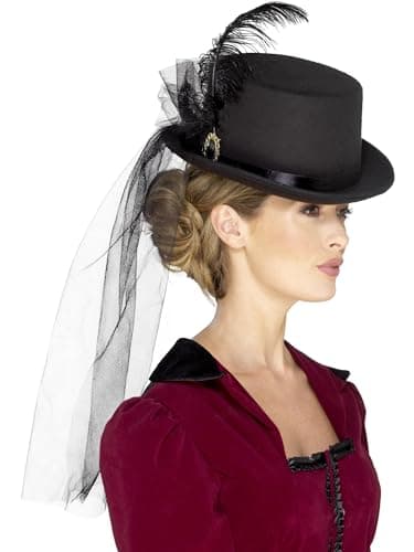 Image of Smiffys Deluxe Ladies Victorian Top Hat Black Fancy Dress Hat with Veil Feathers and Brooch Historical Dress Up Accessory for Adults One Size with Elastic Inner Rim for Secure Comfortable Fit