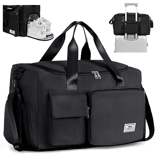 Image of FIORETTO Womens Mens Sports Gym Bag Duffle Bag with Shoes Compartment, Weekend Travel Bag Overnight Bag for Women, Water Resistant Holdall Hospital Bag for Swimming Black