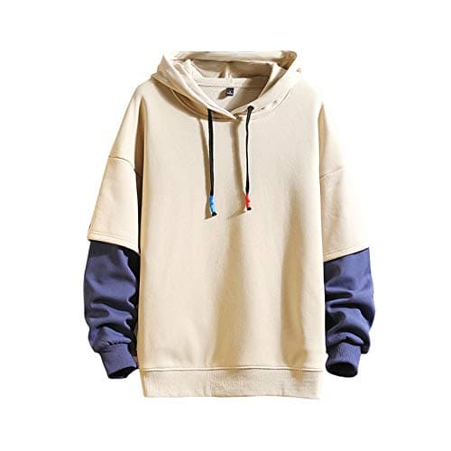 Image of GURUNVANI Fashion Hoodies Men's Color Block Pullover O-Neck Hooded Sweatshirt Patchwork
