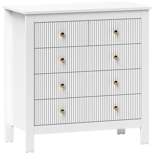 Image of HOMCOM Bedroom Chest of Drawers, Fluted 5 Drawer Dresser with Gold Tone Handles for Living Room, Hallway, Entryway, 79 x 39.5 x 81cm