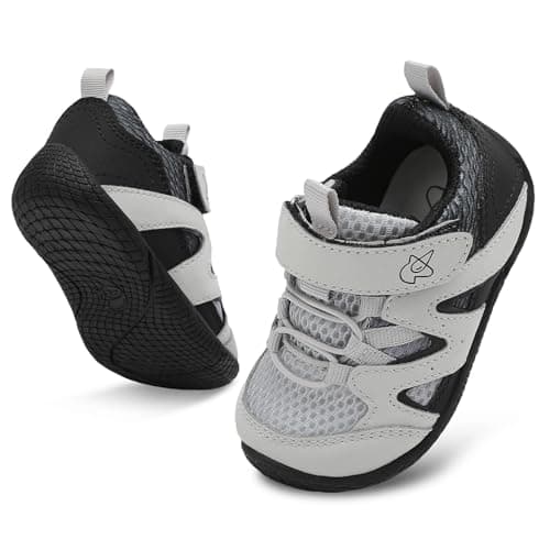 Image of JIASUQI Baby Boys Girls Shoes Lightweight First Walking Shoes Toddler Breathable Sneaker Non-Slip Casual Infant Sneakers(GreyBlack 120,6-12 Months)