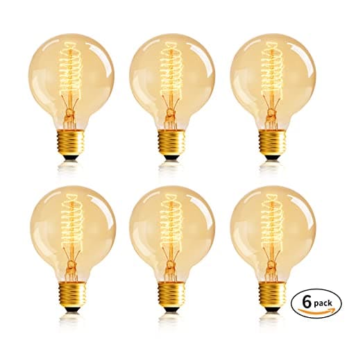 Image of HUIBONA E27 G80 Screw Spiral Filament Edison Bulb,6-Pack 60w Globe Bulbs Diameter 80mm, Vintage Style Warm White, Amber Glass[Energy Class C] (6-Pack) (6 Pack)