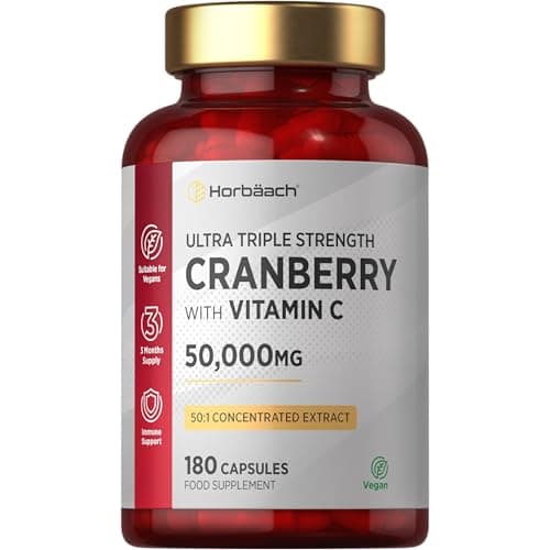 Image of Cranberry Capsules 50,000 mg | High Strength Cranberry Extract with Vitamin C | 180 Vegan Capsules | Supplement for Women & Men | by Horbaach
