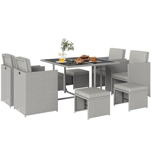 Image of Outsunny 8 Seater Rattan Cube Garden Furniture Set, Space Saving Outdoor Dining Set with Cushions, Garden Table and Chairs with 4 Armchairs, 4 Footstools, Square Glass Top Table, Light Grey