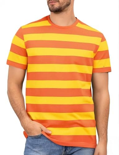 Image of COSAVOROCK Mens Striped T Shirt Short Sleeved Orange and Yellow Crewneck T-Shirts XL