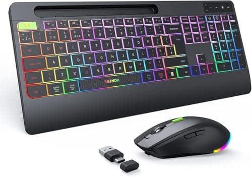 Image of seenda 2.4G Wireless Keyboard and Mouse Combo with Rainbow Backlit, Rechargeable Keyboard and Mice Set UK Layout Full Size with 2 in 1 USB C & USB A Dongle and Wirst Rest, Black